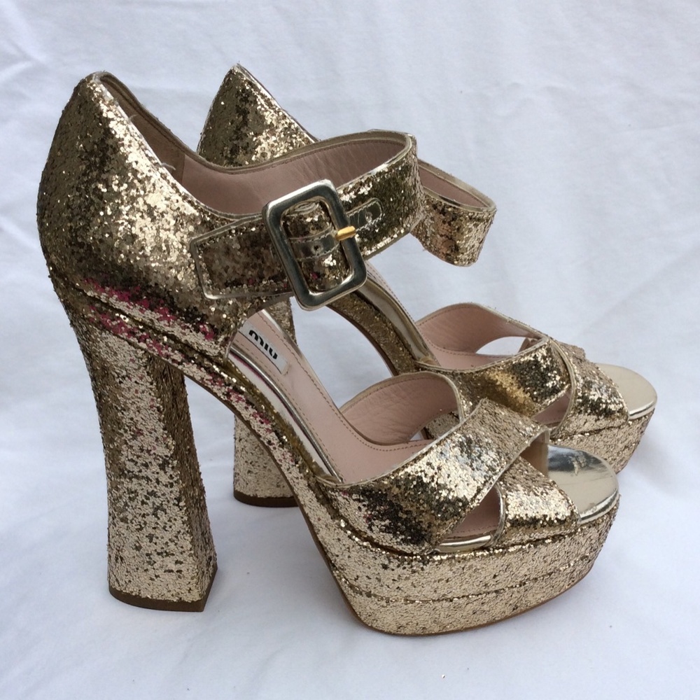 Miu Miu Glitter Crisscross Mary Jane Sandal, Gold - Picture 5 of 7